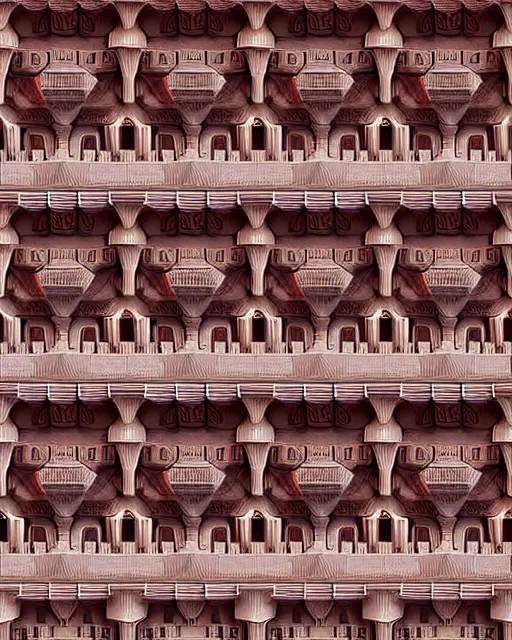 Image similar to detailed realistic architectural painting of hundreds of alien mandelbulb gates stacked like jenga made of carved out ivory shades of red by mc escher