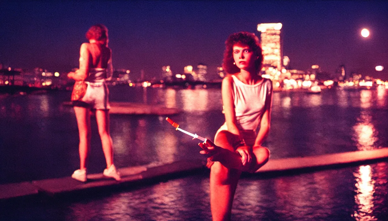 Image similar to 80s neon movie still with a woman by the river, smoking a cigarette, at night with city lights behind her back. movie still. hyperrealistic, high definition, medium format photography, highly detailed, tehnicolor, anamorphic 50mm lens