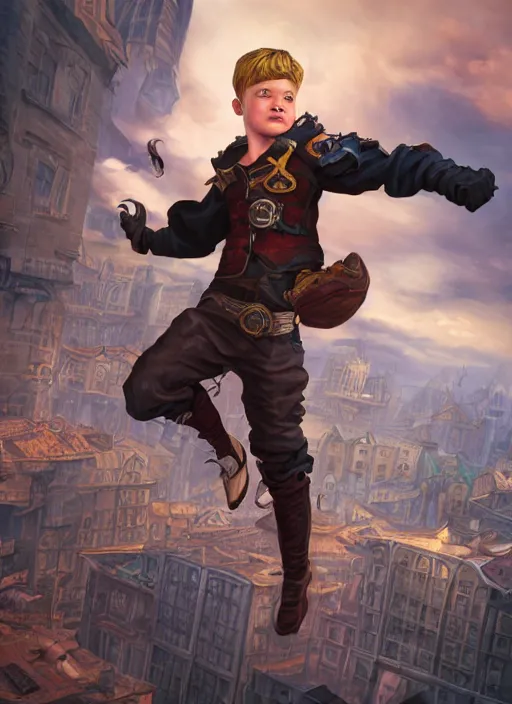 Image similar to An epic fantasy comic book style portrait painting of a young blonde boy thief flying out of a steampunk city, unreal 5, DAZ, hyperrealistic, octane render, cosplay, RPG portrait, dynamic lighting