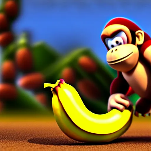 Image similar to Donkey Kong stepping on a banana. The banana is on the ground, Donkey Kong is above the banana. 3D render