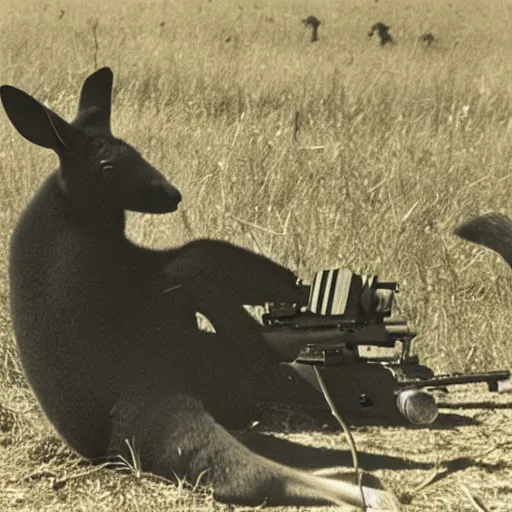 Image similar to photograph of a black Kangaroo spying in a dense, military animal, machine gun