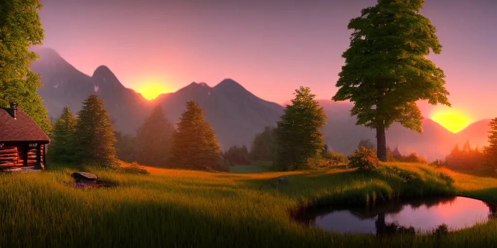 Image similar to a beautiful fantasy landscape, mountain in background, little cottage, small pond, some trees in the corner, sunrise, hyper realism, octane render