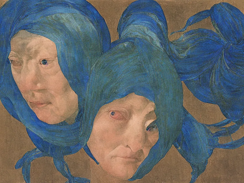 Image similar to portrait of a old woman head with close up exotic betta halfmoon blue fish. lapis lazuli, malachite, cinnabar, gold. ainting by piero della francesca, balthus, agnes pelton