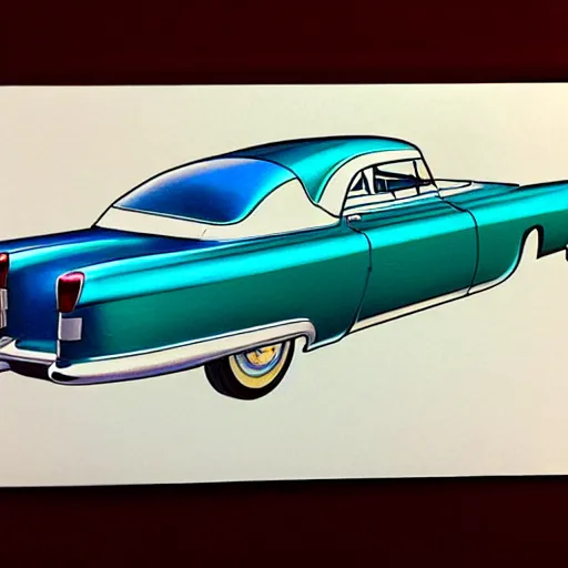Prompt: a color pencil design sketch for a 5 0 s flying cadillac car with plane wings