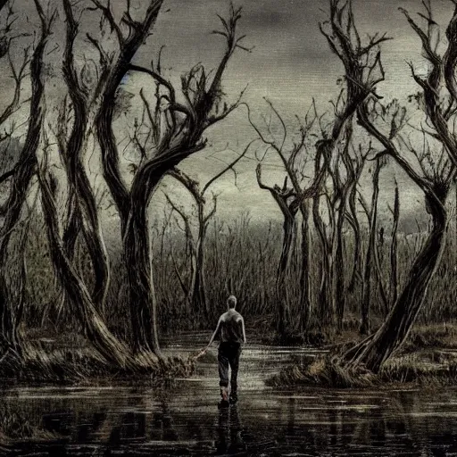 Prompt: man walks on a swampy landscape with withered trees, high detail, dark sky in the background