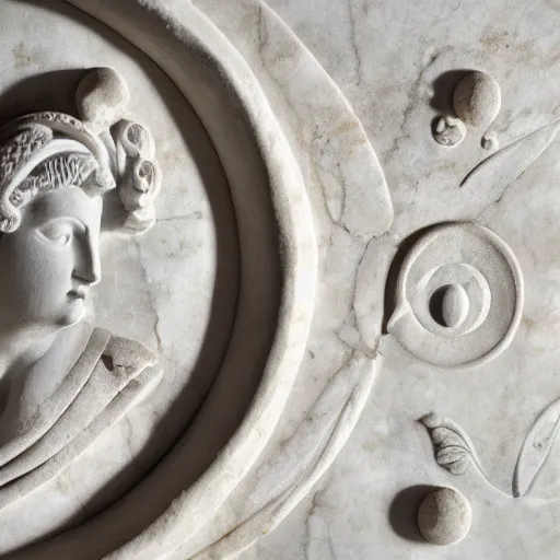 Image similar to an ancient greek sculpture of a turntable in white marble, close up photo, museum, ultra realistic, studio photo, bokeh, detailed.