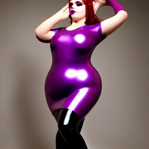 Image similar to curvy feminine goth young woman with dignified tight shiny latex dress, latex stockings, inviting posture, purple makeup, photorealistic, sublime, 16k, smooth, sharp focus, hyperdetailed, volumetric lighting