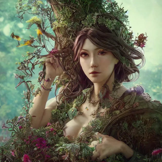 Image similar to the portrait of chaotic good female druid botanist as absurdly beautiful, gorgeous, elegant, young gravure idol, an ultrafine hyperdetailed illustration by kim jung gi, irakli nadar, intricate linework, sharp focus, bright colors, octopath traveler, final fantasy, unreal engine 5 highly rendered, global illumination, radiant light, detailed and intricate environment