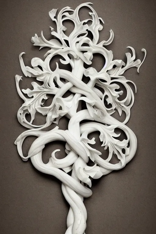 Image similar to a white piece of art that looks like a baroque flourish tree, a marble sculpture by alberto seveso, trending on cgsociety, art nouveau, rococo, biomorphic, marble sculpture