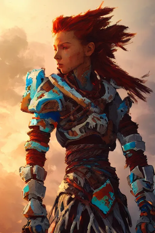 Image similar to combination suit armor aloy horizon forbidden west horizon zero dawn radiating a glowing aura global illumination ray tracing hdr fanart arstation by ian pesty and alena aenami artworks in 4 k tribal robot ninja mask helmet backpack