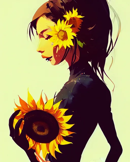 Image similar to a ultradetailed beautiful panting of a stylish woman holding a sunflower, by conrad roset, greg rutkowski and makoto shinkai, trending on artstation