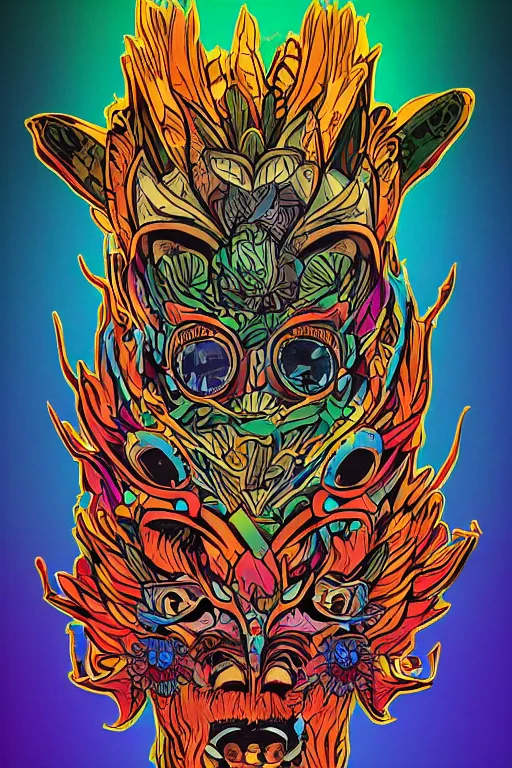 Image similar to animal mask totem roots flower tribal feather gemstone plant wood rock shaman vodoo video game vector cutout illustration vivid multicolor borderlands comics by josan gonzales and dan mumford radiating a glowing aura