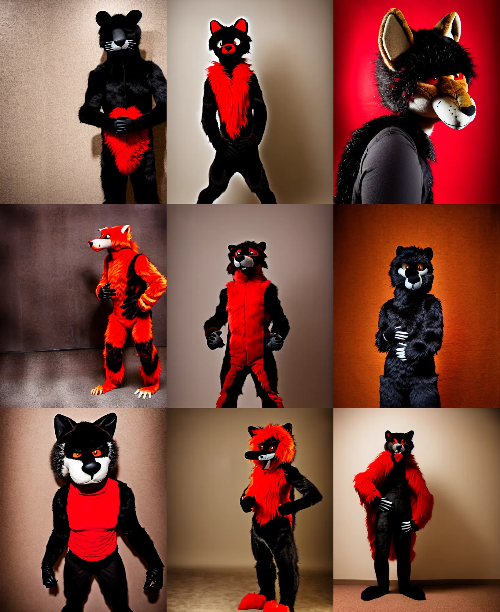 Image similar to fullbody photoshoot photo portrait of a roguish male red - black furred bipedal weasel furry fursona / fursuiter, photorealistic, taken at midwest furfest