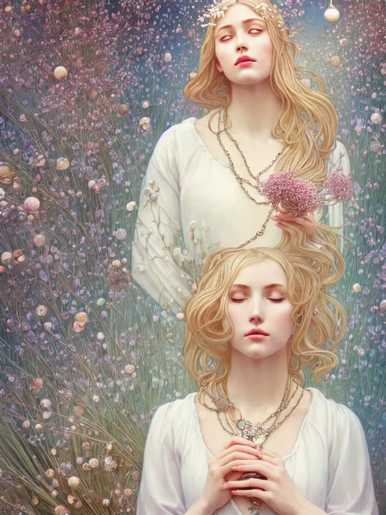 Image similar to blonde girl in white dress in beautiful window, necklace with a fruit seed ornament, ocean eyes, light freckles, incense smoke and flowers in the background, portrait, mucha, conceptart, medium shot, unreal, octane, symmetrical, photorealism.
