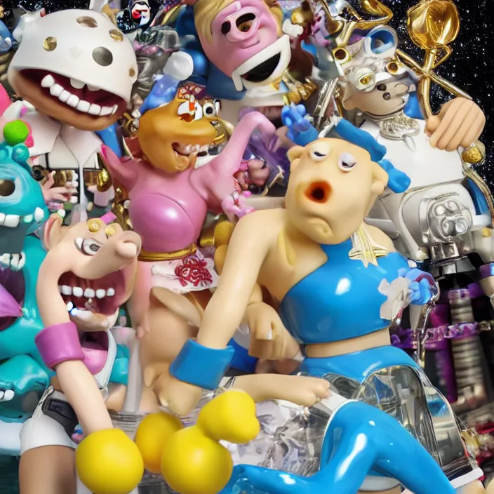 Image similar to jeff koons hip hop bauhaus style street sharks sailor moon wearing diamond grillz and a ton of bussdown iced gold bling in wallace & gromit strata - cut claymation, ultra realistic, concept art, intricate details, serious, highly detailed, photorealistic, octane render, 8 k, unreal engine, art by todd mcfarlane