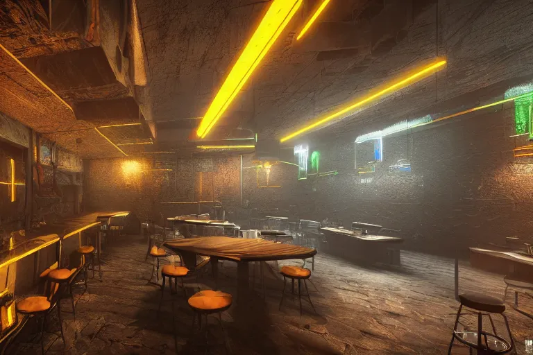 Image similar to ultra mega super hyper realistic Digital concept interior design of cyberpunk tavern with stone walls and neon lights, a lot of electronics, many details in style of Hiromasa Ogura and Josan Gonzalez. Natural white sunlight from the transperient roof. Rendered in VRAY and DaVinci Resolve and MAXWELL and LUMION 3D, Volumetric natural light