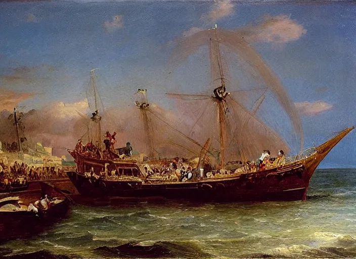 Image similar to a painting of la barca de aqueronte by felix resurreccion hidalgo