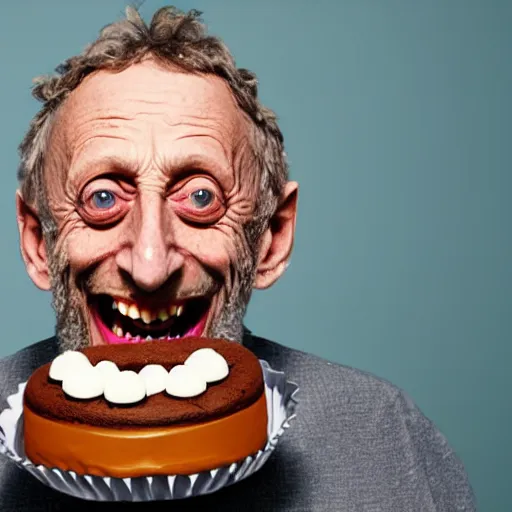 Prompt: michael rosen unhinging his jaw to eat five hundred chocolate cakes photorealistic