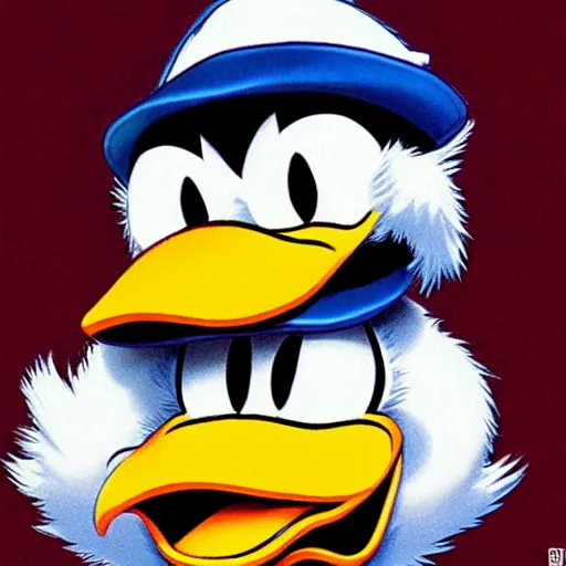Prompt: Donald Duck by Kentaro Miura, Charachter Portrait,