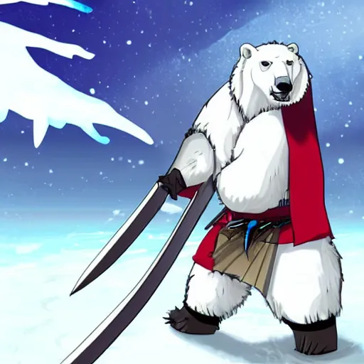 Image similar to a determined polar bear shogun drawing his sword, anime style