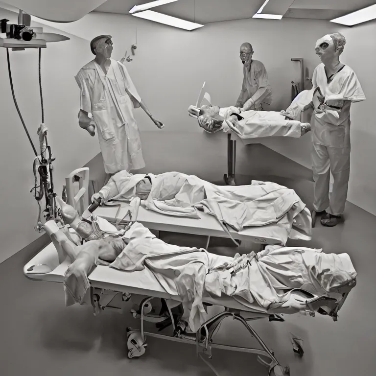 Image similar to male prisoner operating table theatre cage surgeons ron mueck and duane hanson and lee bontecou and giacometti greig fraser dune canon eos r 3 dramtic lighting cinematic lighting