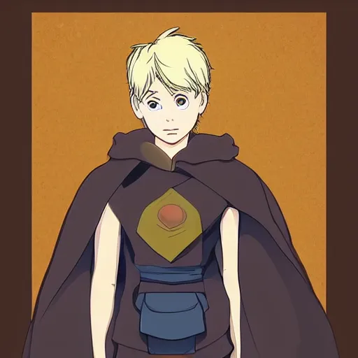 Prompt: blonde boy with yellow eyes wearing a brown cape in the style of studio ghibli, artgerm