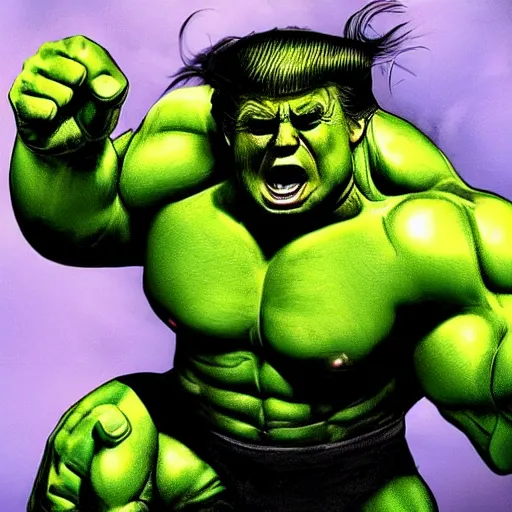 Prompt: donald trump as the hulk, by stan lee, highly detailed, excellent composition, dramatic lighting, trending on artstation