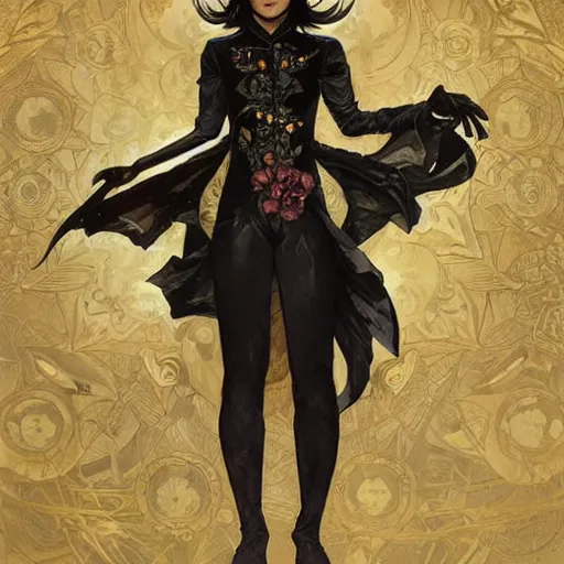 Prompt: cassandra cain wearing a black flower barong!!!, attractive, modern, victoria's secret, highly detailed, digital painting, artstation, concept art, smooth, sharp focus, illustration, art by artgerm, greg rutkowski and alphonse mucha