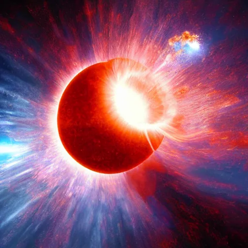 Image similar to a beautiful painting of a red giant sun going supernova, volumetric lighting by jean kalin popov and greg rutkowski