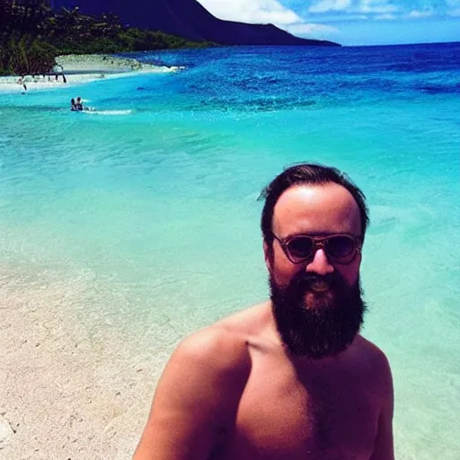 Image similar to instagram vacation photo of dumbledore in swim trunks at hawaii