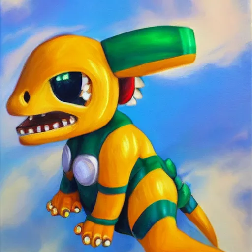 Image similar to agumon from digimon, oil on canvas