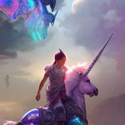 Prompt: a iridescent unicorn is injured, footsteps of blood follows behind it, toxic glowing smog in the sky, ultra realistic, concept art, intricate details, highly detailed, photorealistic, octane render, 8 k, art by artgerm and greg rutkowski and alphonse mucha