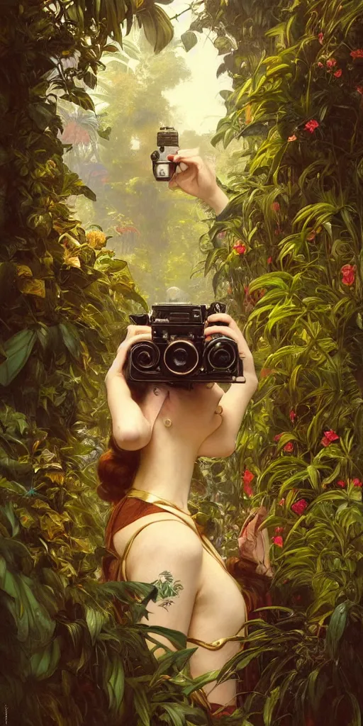 Image similar to hyper realistic photographer looking through a vintage medium format camera, design on white background, beautiful details, lush foliage cyberpunk, gold, drawn by john singer sargent, tom bagshaw, norman rockwell, alphonso mucha, lolish, trending on artstation