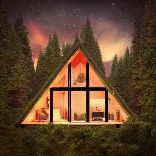 Prompt: a-frame cottage in clearing surrounded by trees, it is night, the windows are lit, concept art, aerial view, low fantasy