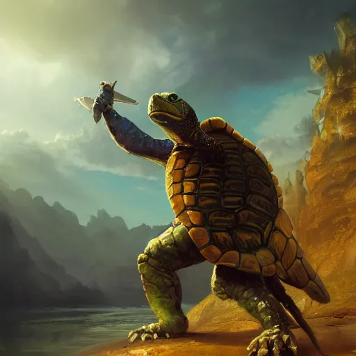 Prompt: a turtle hero raises his long sword high, dramatic light, arctic temple background, clouds, golden hour, high detail, fantasy background, painted by stanley lau, painted by greg rutkowski, painted by stanley artgerm, digital art, trending on artstation