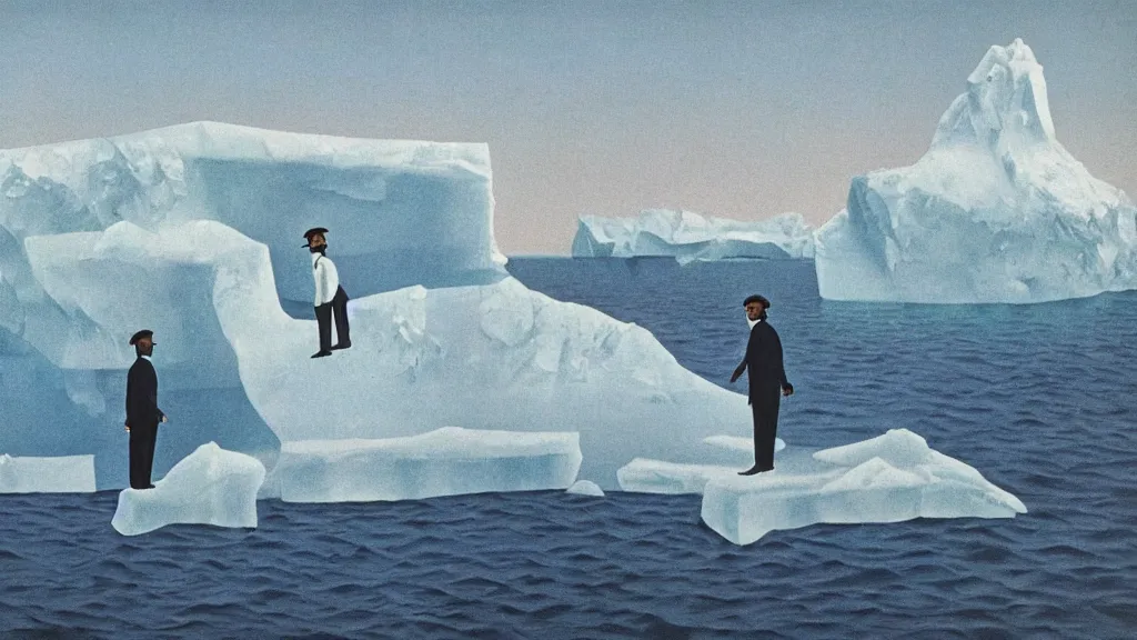 Image similar to A vintage scientific illustration from the 1970s of a choreography for people are frozen in an iceberg René Magritte