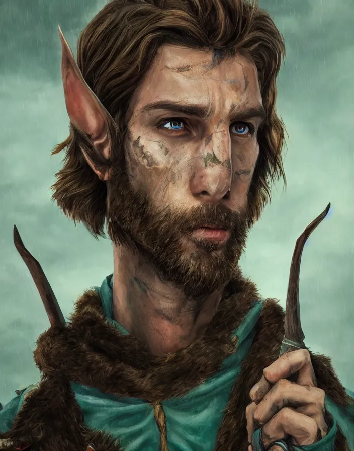 Prompt: An epic fantastic realism comic book style portrait painting of an arrogant half elf ranger with shaggy brown hair, scruffy beard, scar on face, teal tunic, 8k, 4k, D&D Concept Art, unreal 5, DAZ, hyperrealistic, octane render, cosplay, RPG portrait, dynamic lighting