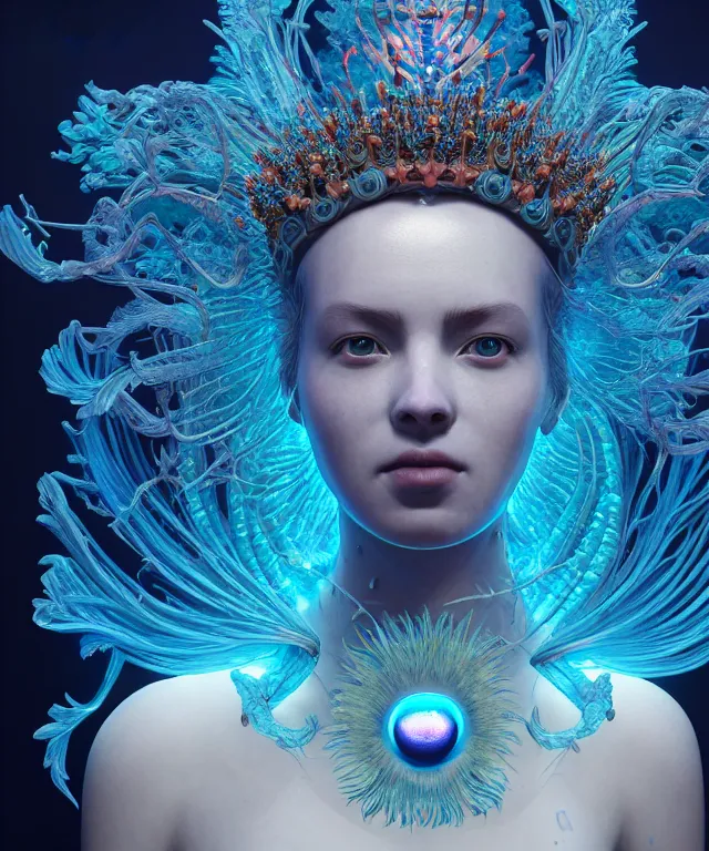 Prompt: symmetrical, centered, close-up portrait of goddess wearing crown made of betta fish, phoenix, bioluminiscent elements, intricate artwork by Tooth Wu and wlop and beeple. octane render, trending on artstation, greg rutkowski very coherent symmetrical artwork. cinematic, hyper realism, high detail, octane render, 8k