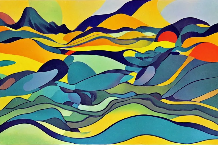 Image similar to A modernist landscape painting. Wild energy patterns rippling in all directions. Curves, zig-zags. Organic. Mountains. Clouds. Vegetation. Rushing water. Waves. LSD. Fauvism.