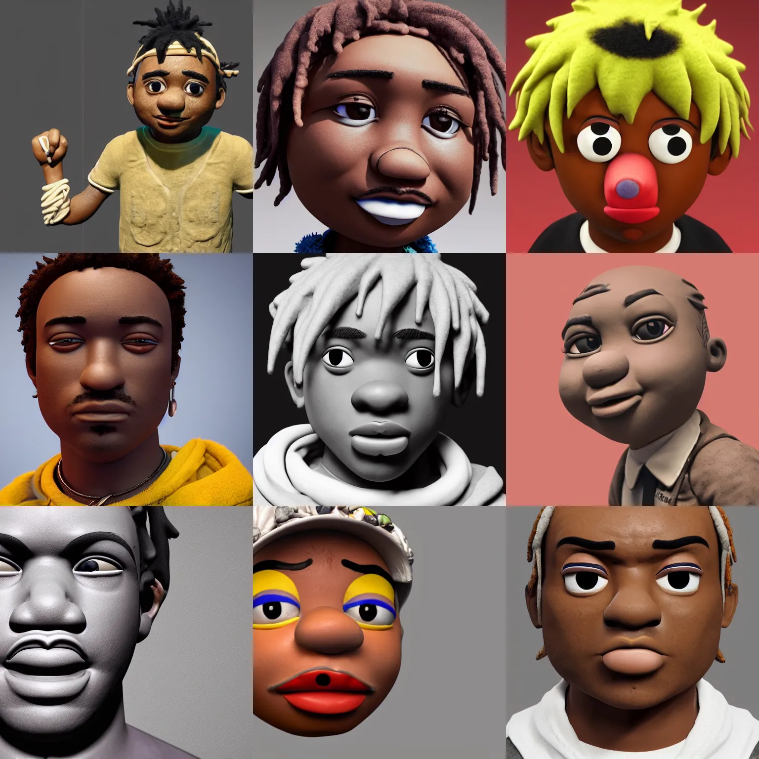 Prompt: portrait the rapper of lil uzi bert ( a mix of lil uzi vert an bert sesame street ) hard clay, ceramics, reflections, ambient occlusion, raytracing, unreal engine 5