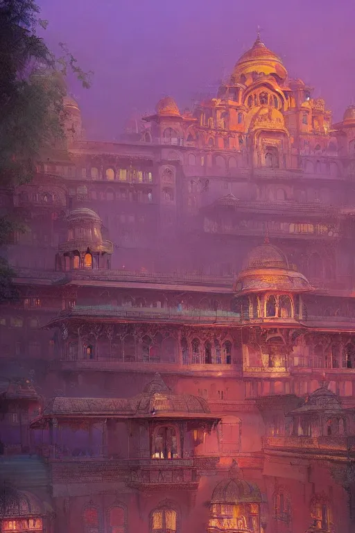 Image similar to old indian city with a breathtaking view of a magnificent maharajah palace at pink dawn, intricate, elegant, volumetric lighting, digital painting, highly detailed, artstation, sharp focus, illustration, concept art, ruan jia, steve mccurry