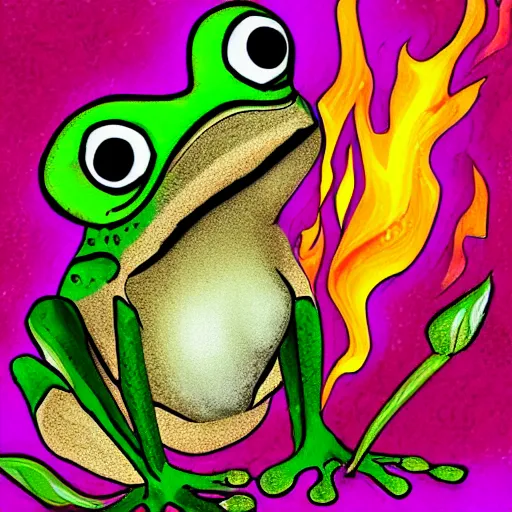 Prompt: A frog wearing a top watching flowers burn with a purple flame, digital art