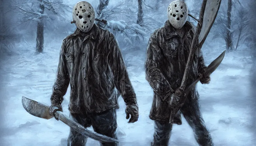 Image similar to jason voorhees in the snow with a bloody axe, hyperdetailed, artstation, cgsociety, 8 k