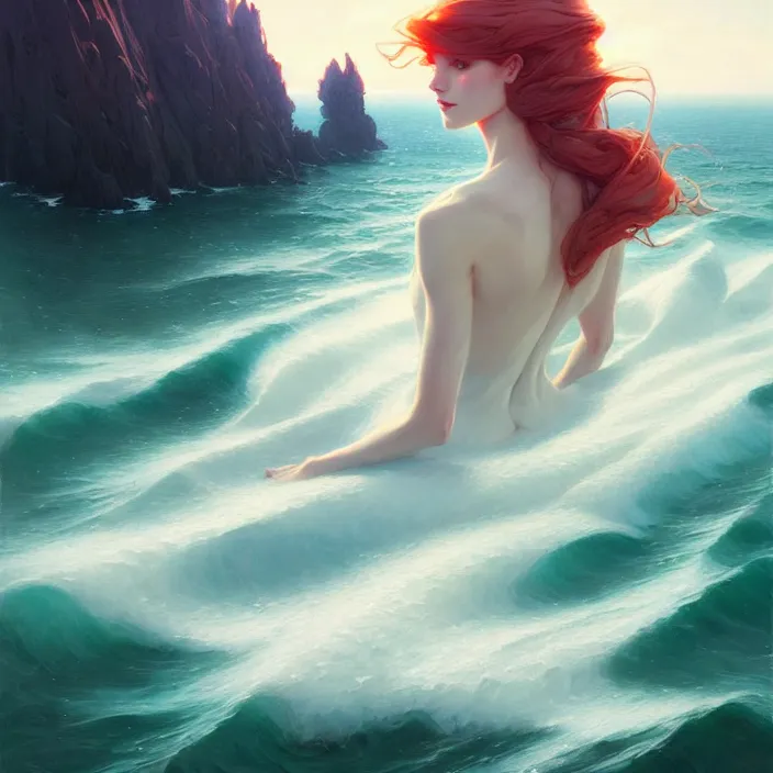 Image similar to style artgerm, joshua middleton, jeremy lipking, a castle of coral, very long spires, water swirling, detailed, ocean background setting, volumetric lighting