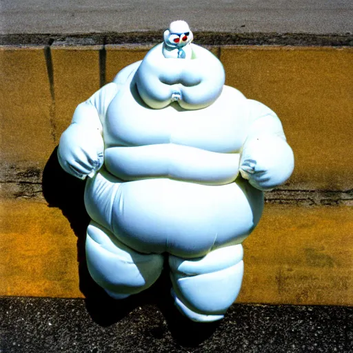 Image similar to the michelin man as the stay puft marshmallow man, realistic, 1 4 0 mm, nikon film