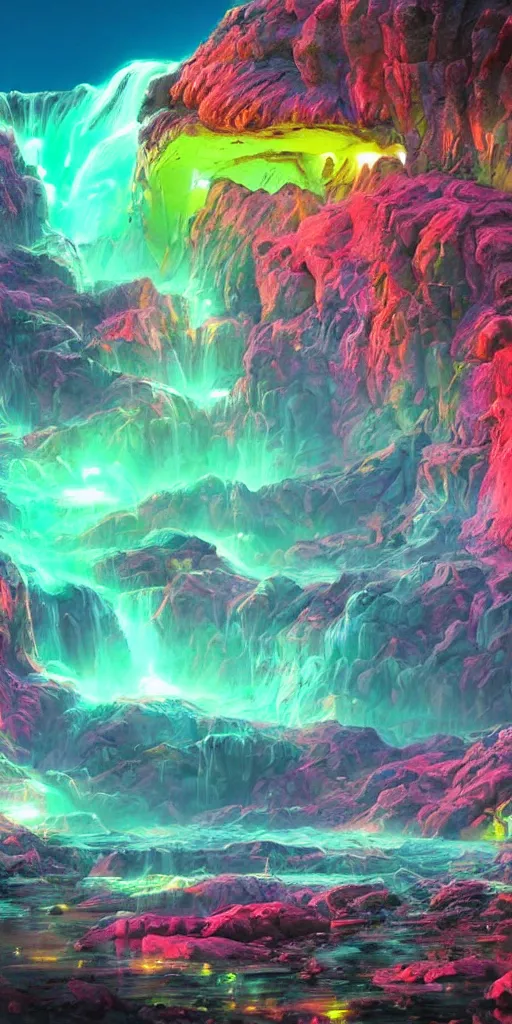 Image similar to a beautiful neon alien landscape, mountains, neon waterfalls