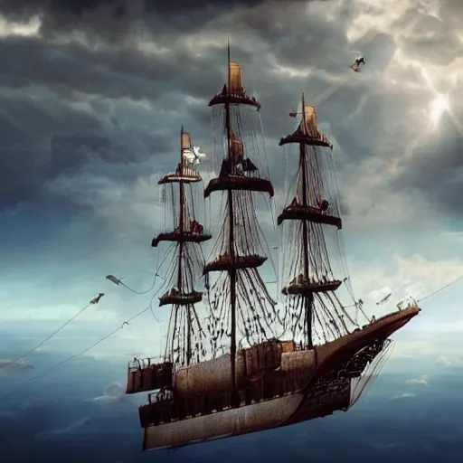 Prompt: cinematic shot a steam punk ship flying in the clouds, hyper realistic, mood lighting, fantasy, detailed face, highly detailed, super realistic, perfect lighting