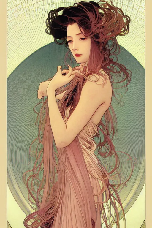 Image similar to beautiful portrait digital painting of a female, blush, pleated skirt, flowing hair, slim face, elegant, alphonse mucha, by yoichi hatakenaka, masamune shirow, josan gonzales and dan mumford, ayami kojima, takato yamamoto, barclay shaw, karol bak, yukito kishiro