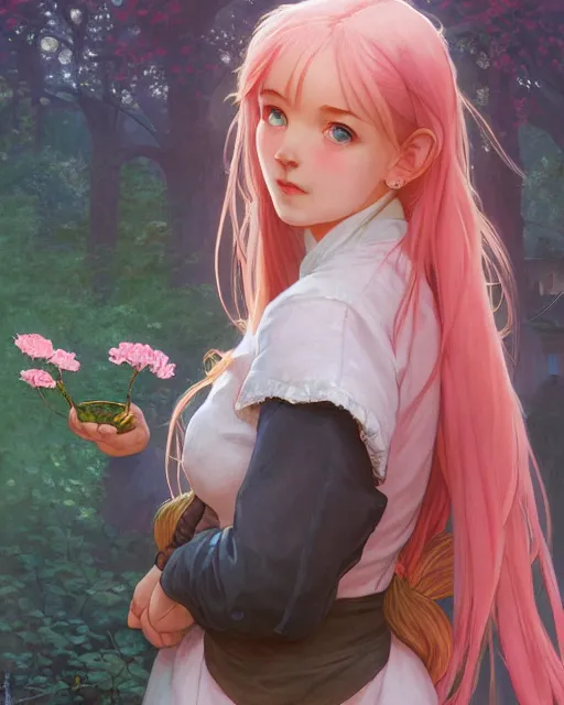 Image similar to portrait of an innocent lost college girl with pink hair, magic school uniform, fantasy building, intricate, sharp focus, lens flare, bloom, rim light, illustration, highly detailed, digital painting, concept art, matte, art by wlop and artgerm and greg rutkowski and alphonse mucha, masterpiece