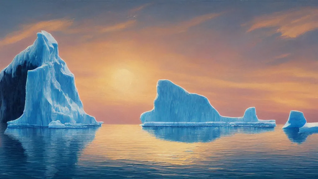 Image similar to the most beautiful panoramic landscape, oil painting, where a giant iceberg is lost in middle of the artic ocean, a giant penguin is exhaling steam while walking over the iceberg, there is nothing else, the artic ocean is reflecting the giant penguin over the iceberg and the ray lights of the sunset are brightening him, by greg rutkowski, minimal style,